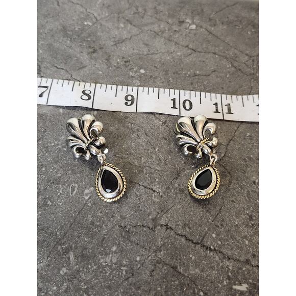 Silver Tone Black Onyx Dangle Earrings Fleur de Lis - Picture 2 of 5